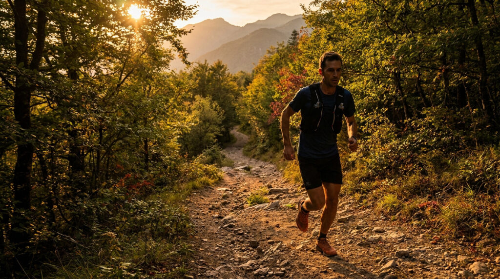 Un coureur de trail expérimenté court sur un sentier montagneux rocailleux au coucher du soleil.