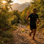 Un coureur de trail expérimenté court sur un sentier montagneux rocailleux au coucher du soleil.