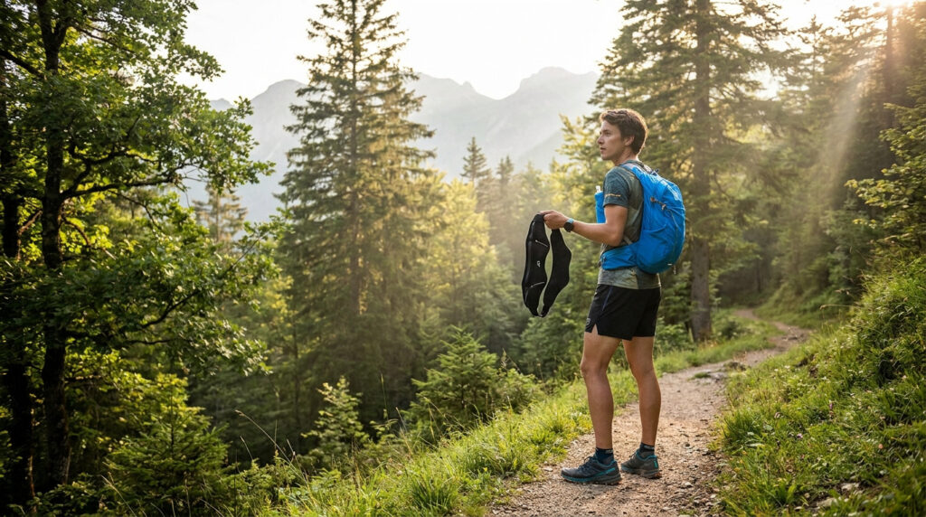 Un coureur en forêt hésite entre un sac d'hydratation bleu et une ceinture de running noire lors d'une sortie en montagne.