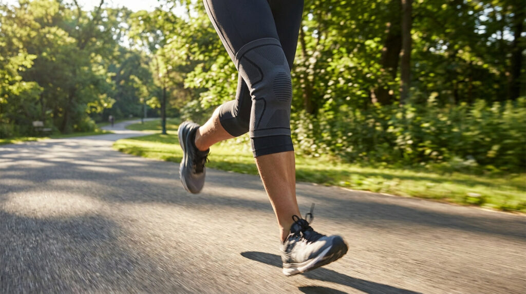 Une personne court sur une route ensoleillée en portant une genouillère de compression noire.