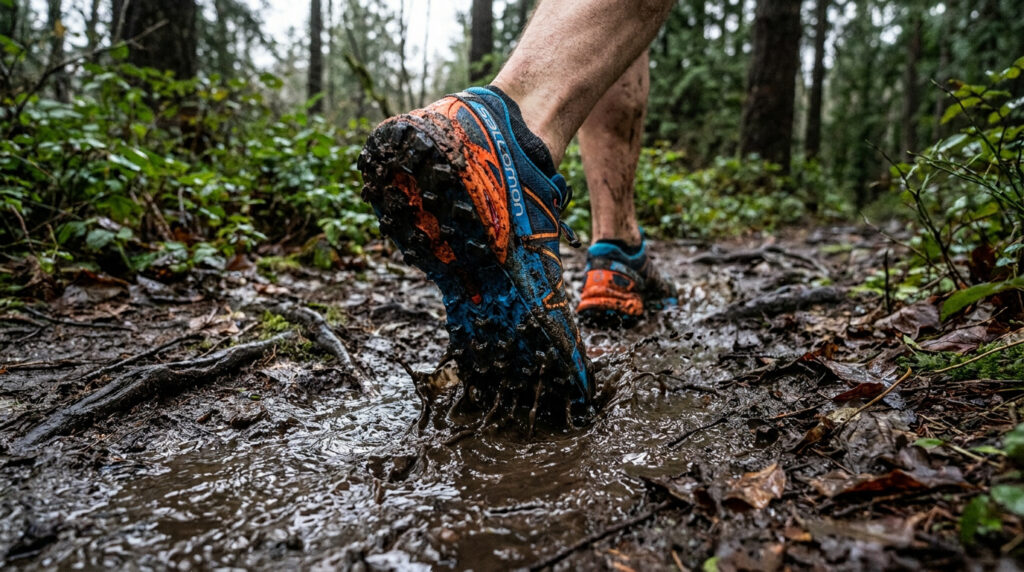 Gros plan sur une chaussure de trail bleue et orange courant dans une flaque de boue en forêt.
