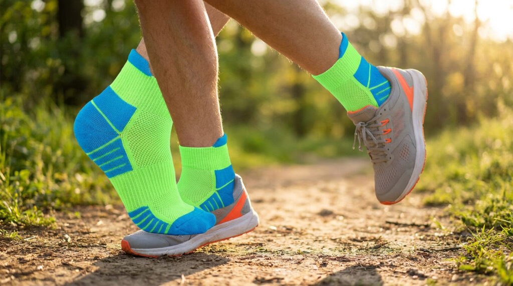 Coureur portant des chaussettes de sport néon vert et bleu sur un sentier en forêt lors d'une journée ensoleillée.