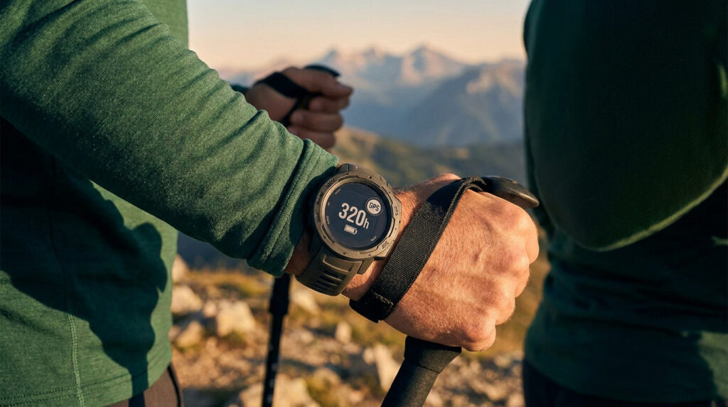 Un randonneur porte une montre Garmin Enduro 3 affichant 320h d'autonomie GPS avec les montagnes en arrière-plan.