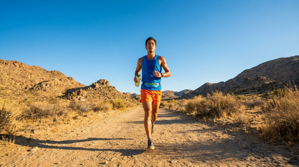 Un coureur en tenue de sport porte une gourde en courant sur un sentier en plein désert sous un ciel bleu dégagé.