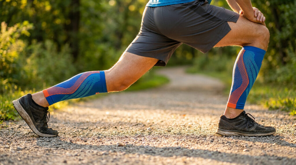 Coureur faisant des étirements sur un chemin avec des manchons de compression bleus et orange.