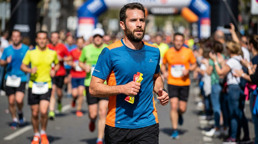 Un coureur barbu tenant un gel énergétique en pleine course lors d'un marathon, entouré d'autres participants.