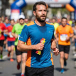 Un coureur barbu tenant un gel énergétique en pleine course lors d'un marathon, entouré d'autres participants.
