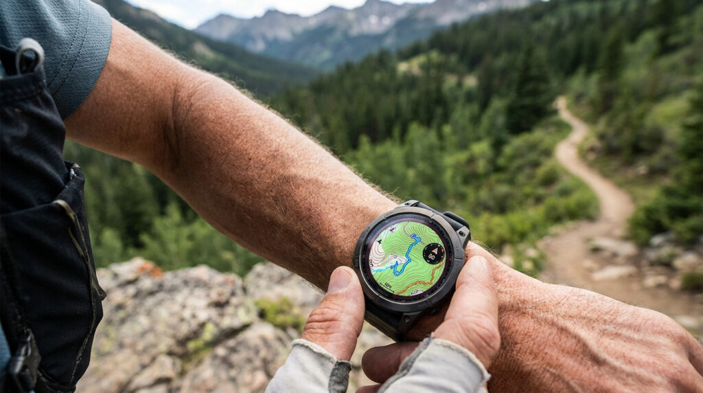 Coureur regardant une carte topographique sur sa montre GPS au poignet en montagne.