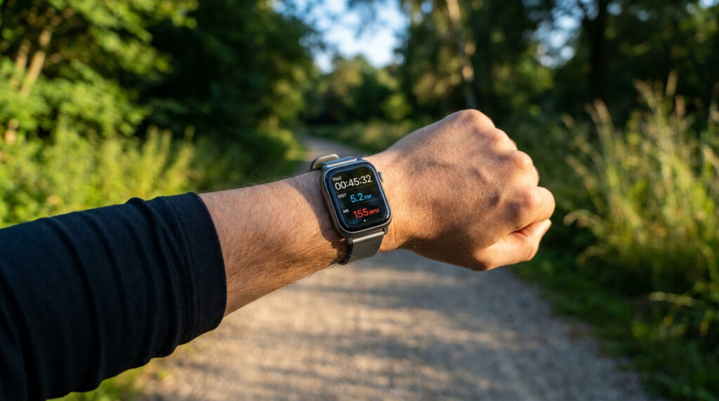Une personne regarde sa montre connectée de sport affichant ses statistiques de course pendant un entraînement en forêt.