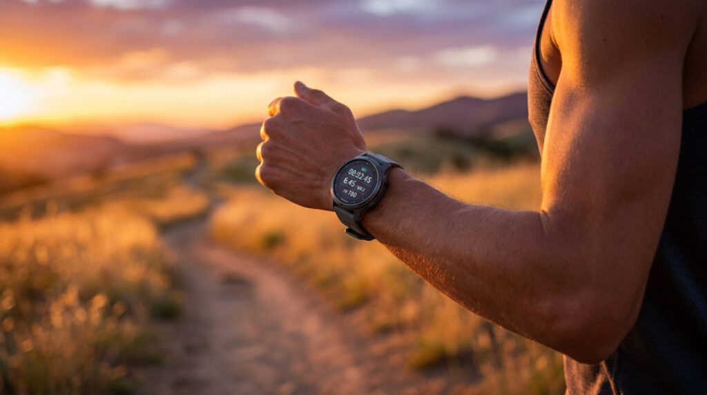 Coureur regardant sa montre de sport Coros Pace 3 au poignet pendant un trail au coucher du soleil.