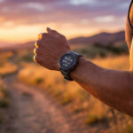 Coureur regardant sa montre de sport Coros Pace 3 au poignet pendant un trail au coucher du soleil.