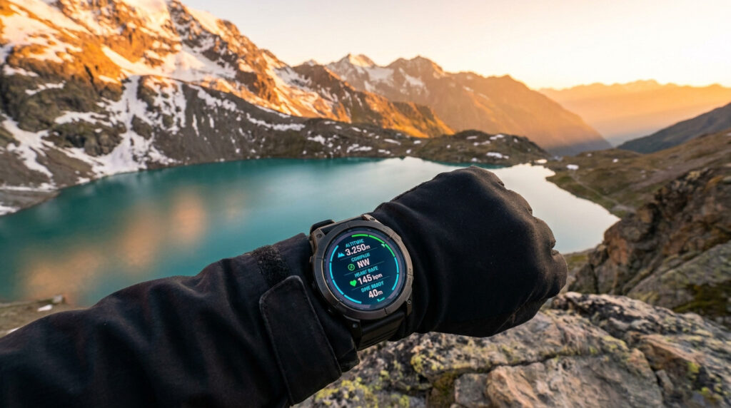 Une montre Garmin Fenix 8 au poignet affichant des données biométriques devant un lac de montagne au coucher du soleil.