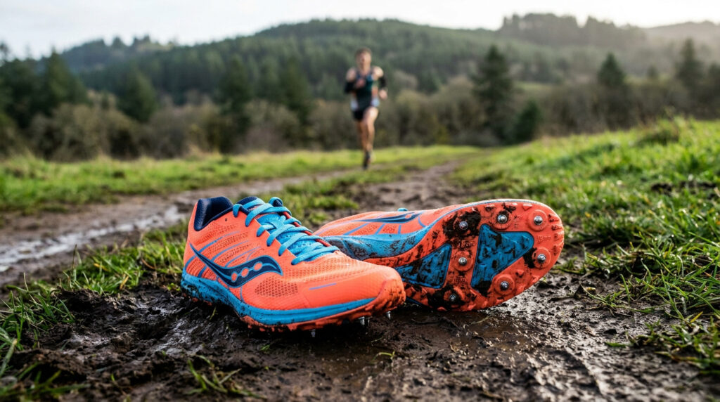 Paire de chaussures d'athlétisme orange et bleue posée sur un chemin boueux, avec un coureur en arrière-plan.
