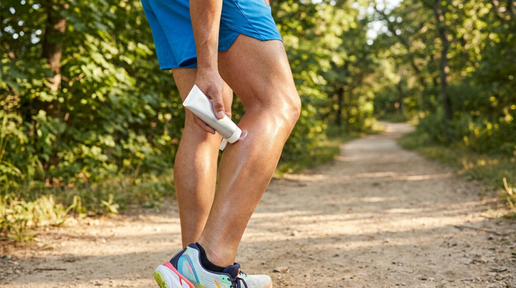 Un coureur applique une crème anti-frottement sur sa jambe sur un sentier en forêt.
