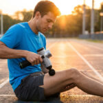 Un athlète utilise un pistolet de massage sur sa cuisse sur une piste d'athlétisme au coucher du soleil.