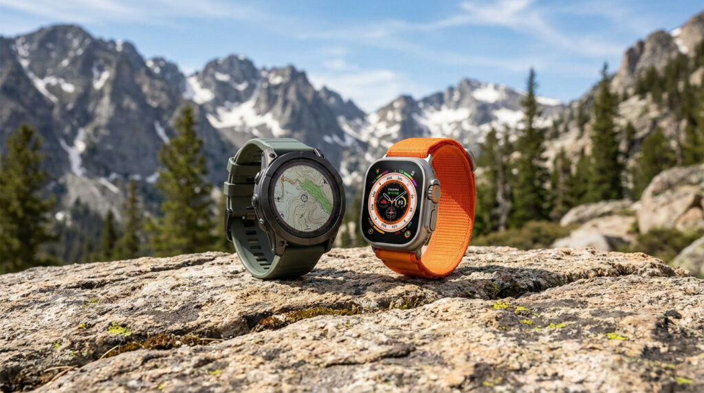 Garmin Fenix 8 et Apple Watch Ultra 2 posées sur un rocher avec en arrière-plan des montagnes enneigées.