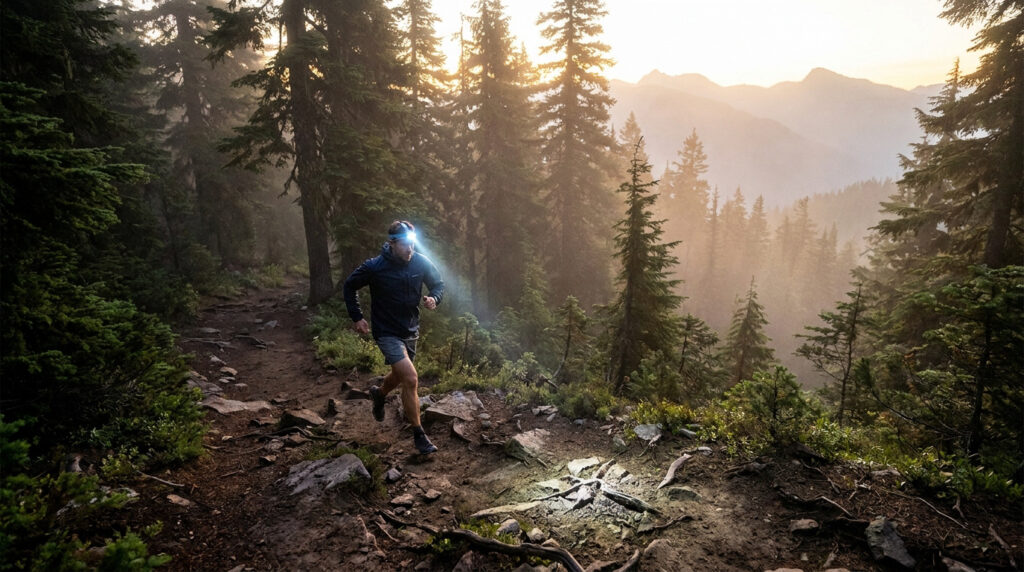 Un coureur de trail équipé d'une lampe frontale court sur un sentier en forêt au lever du soleil.