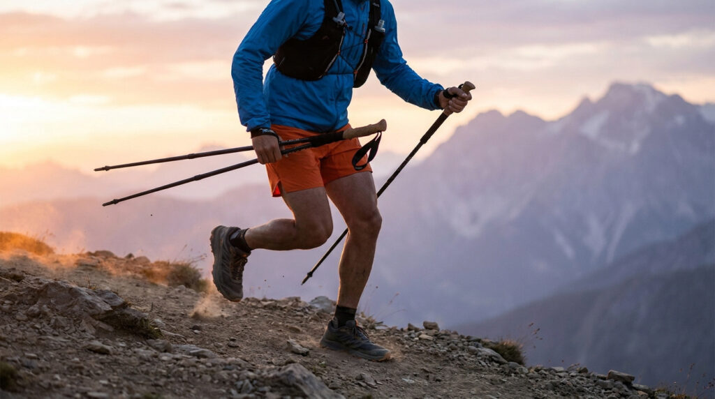 Un coureur de trail portant un sac à dos et tenant des bâtons pliables sur un sentier montagneux au coucher du soleil.