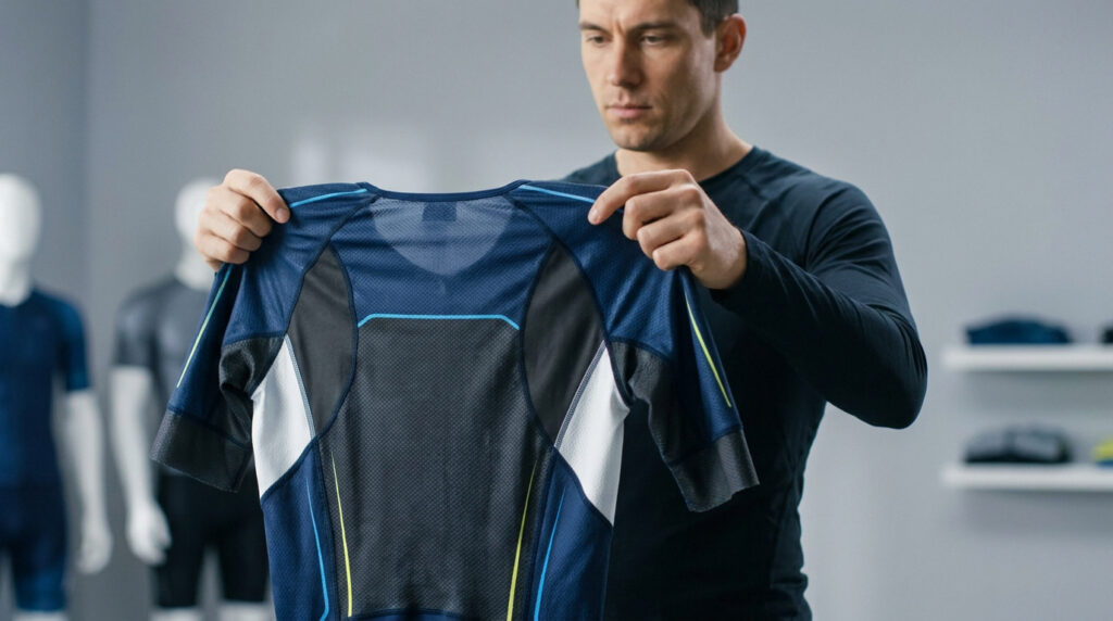 Un homme examine attentivement une trifonction de triathlon dans un magasin de sport.