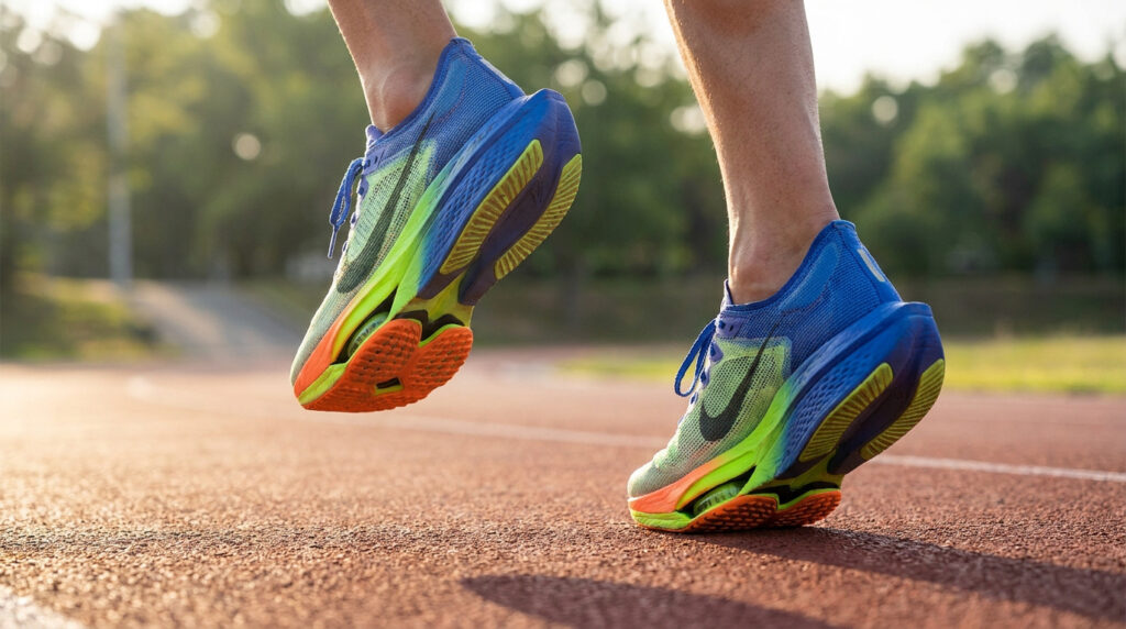 Gros plan sur un coureur portant des chaussures de running aux couleurs vives sur une piste d'athlétisme.