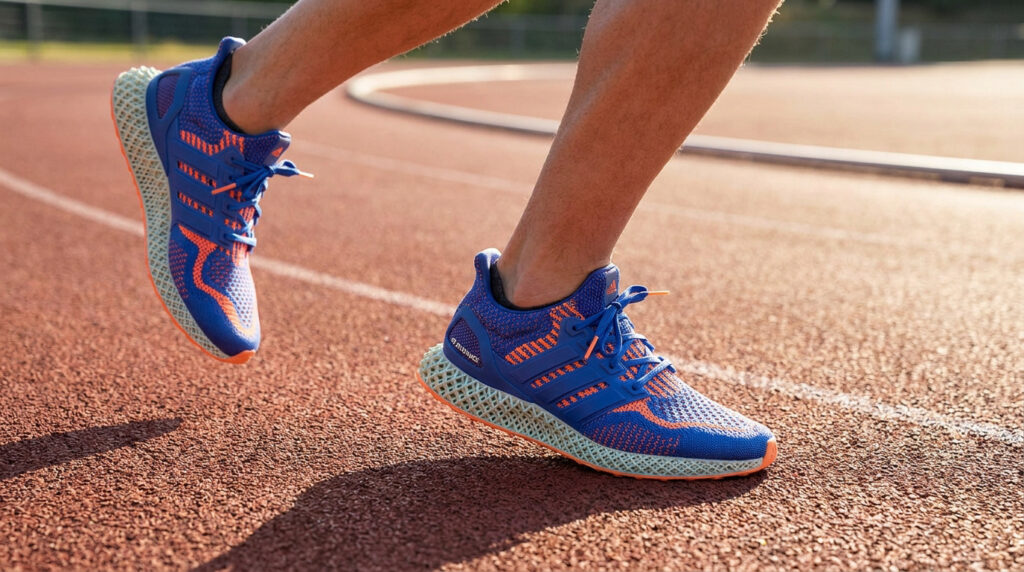 Un coureur porte des baskets Adidas bleues à semelles imprimées en 3D sur une piste d'athlétisme au coucher du soleil.