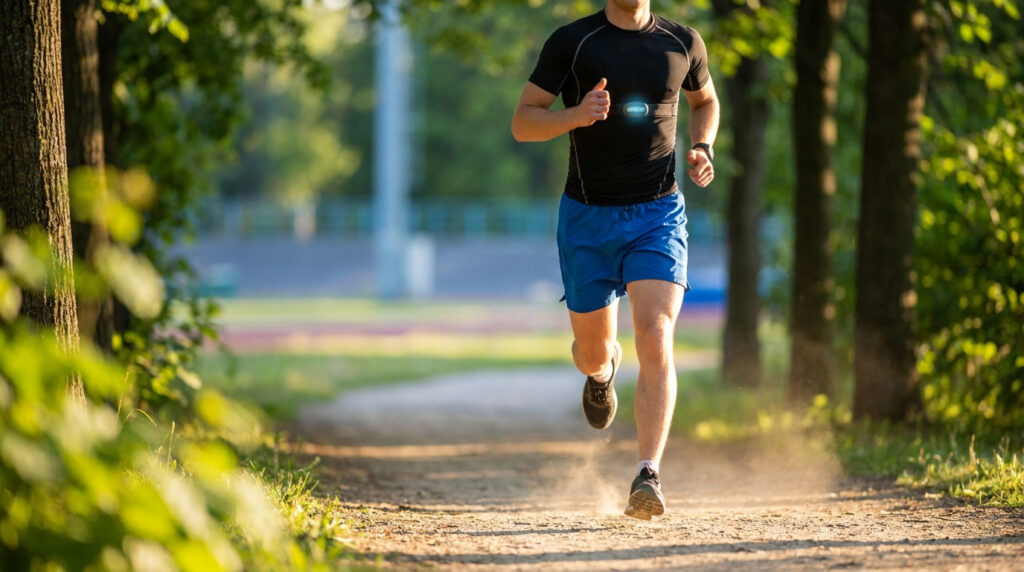 Un coureur équipé d'une ceinture cardio courant sur un chemin forestier ensoleillé.