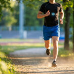 Un coureur équipé d'une ceinture cardio courant sur un chemin forestier ensoleillé.
