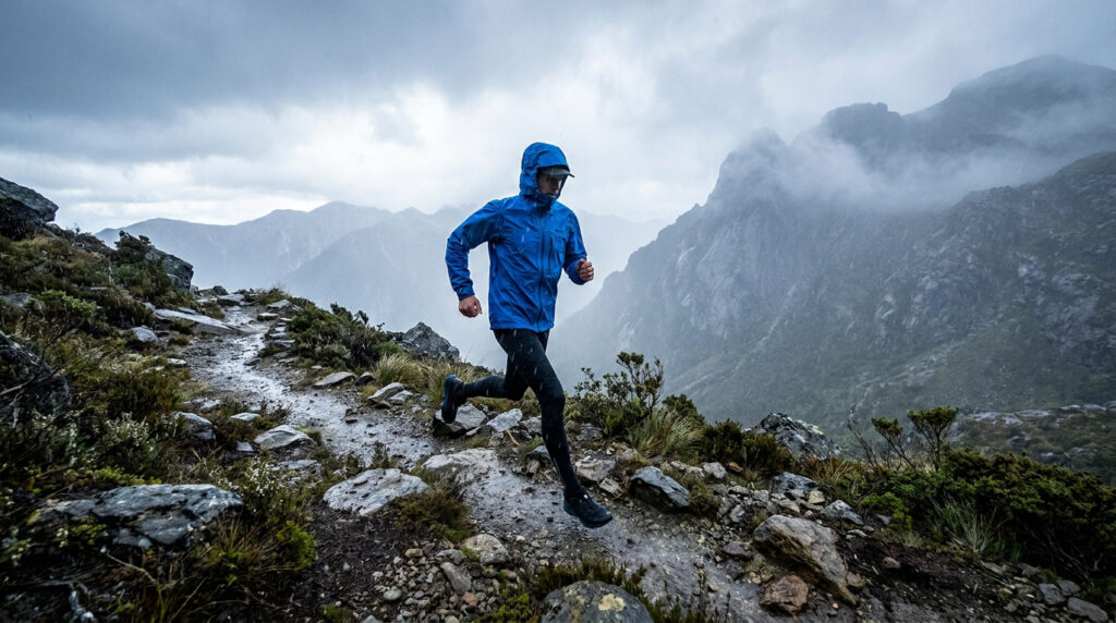 Un coureur de trail portant une veste bleue imperméable court sous la pluie sur un sentier montagneux escarpé.